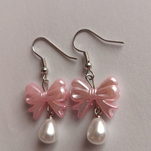 Earrings with pink bow and pearl new, silver