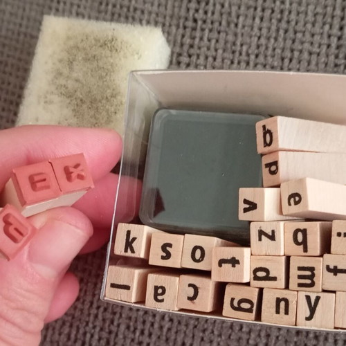 Flying Tiger wooden alphabet stamp set used with ink and sponge