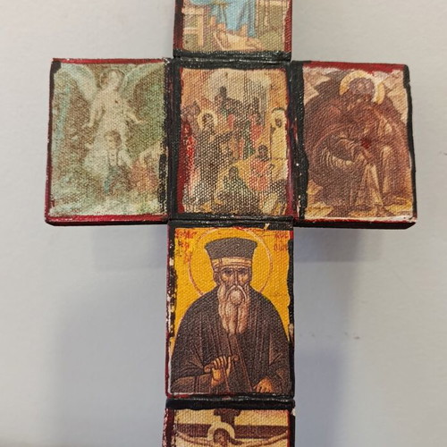 Old cross with silkscreen prints 23x12 cm used