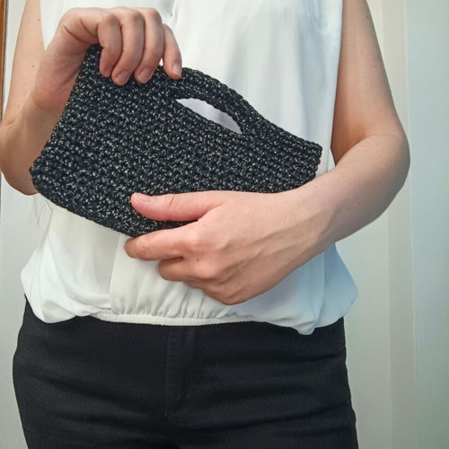 Evening bag handmade knitted with shiny yarn, black