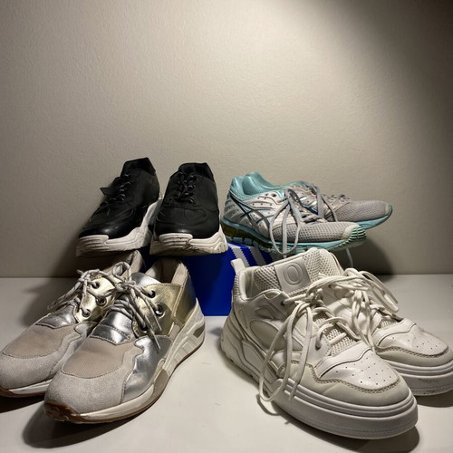 Shoes pack of 4 with one Asics pair, used, size 39, multicolor