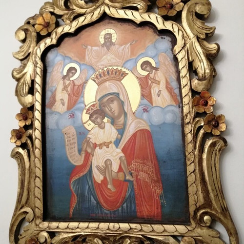 Ιερή εικόνα Βρεφοκρατούσα Χρύσα Μεγαπάνου, αυγοτέμπερα σε μουσαμά