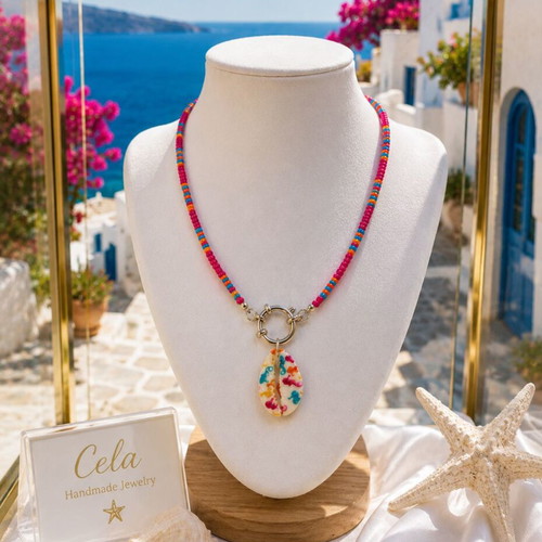 Handmade Necklace with Czech beads, stainless steel nautical steering wheel clasp, hand-painted shell