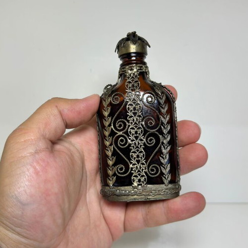 Vintage amber glass flask with filigree metalwork, 1930-1950