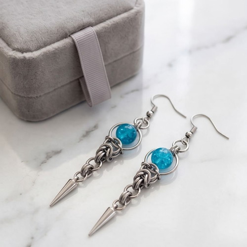 Byzantine Chain Blue Pearl Earrings Stainless Steel new
