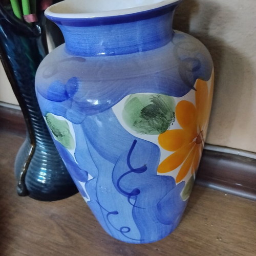 Large decorative ceramic majolica vase with colorful hand-painted flowers, Mediterranean style