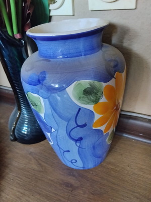 Large decorative ceramic majolica vase with colorful hand-painted flowers, Mediterranean style