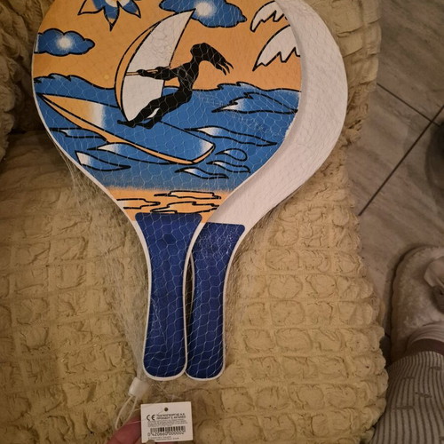 Tsagkogeorgas wooden beach rackets set new with windsurfer design