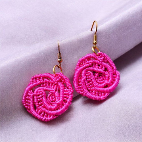 Handmade Boho Rose Micro Macrame Earrings made to order pink gold