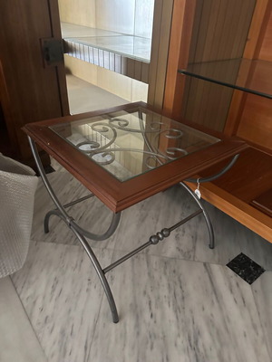 Square table 50x50 like new, metal with wood and glass