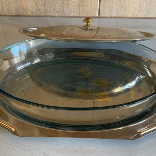 Serving Platter with 24K Gold Used, Stainless Steel and Glass