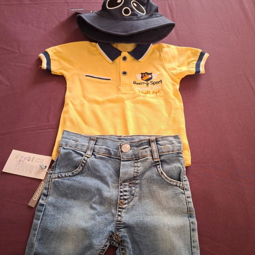 Baby set with jeans shorts, t-shirt, hat and pajamas new
