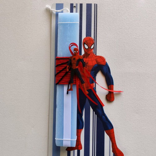 Handmade Spiderman Easter candle with wooden back new