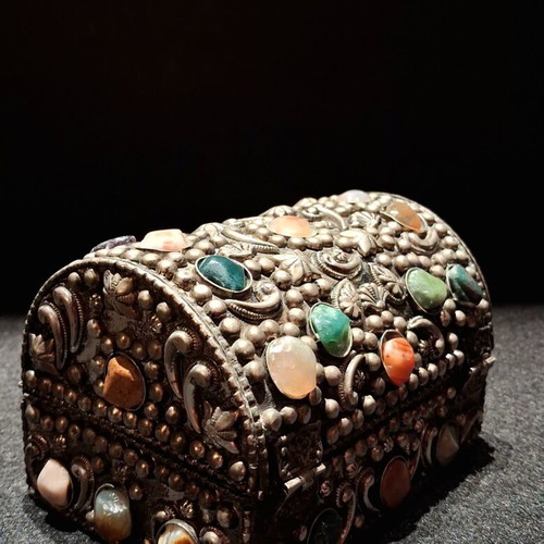 Vintage Moroccan Handmade Jewelry Box with Natural Semi-Precious Stones