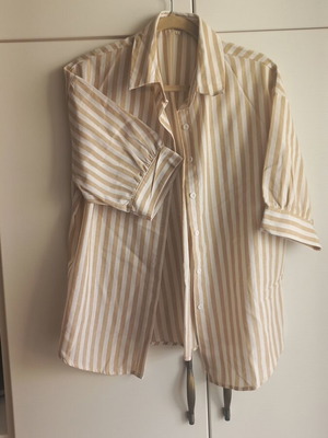 Women's beige striped shirt, size large, polyester with linen look