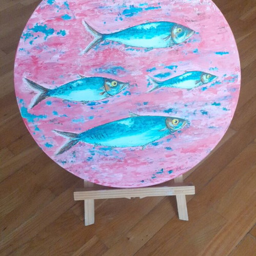 Handmade painting on driftwood new, 38 cm diameter