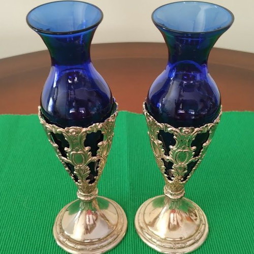 Pair of cobalt glass vases used with silver bases