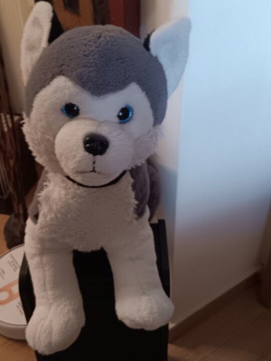 Large plush dog 60 cm height and width like new, gray and white