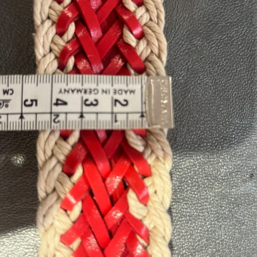 Knitted belt like new, ecru cotton with red synthetic leather and bronze buckle