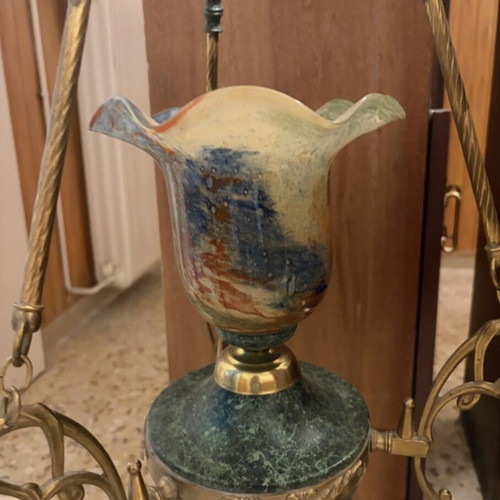Vintage ceiling light used, brass with art glass shade
