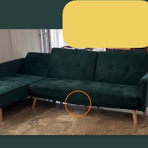 Green velvet sofa bed L-shape used with wooden legs