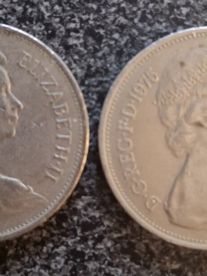 10 New Pence coins used, Great Britain 1971 & 1975 Queen Elizabeth II