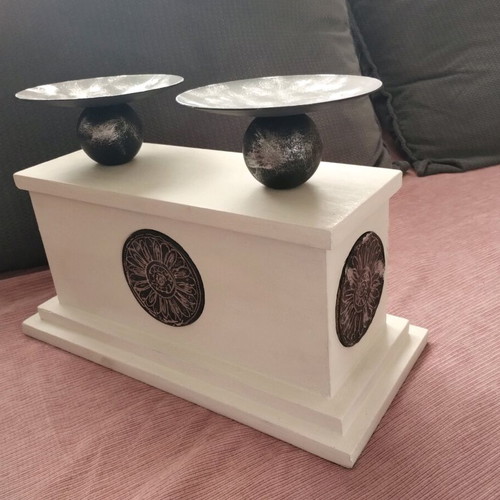 Wooden candlestick like new with metal bases off-white