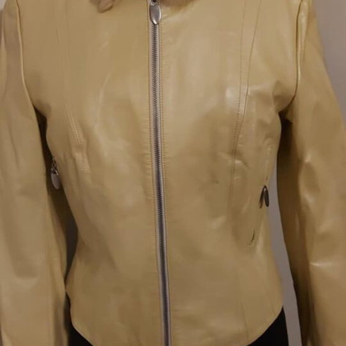 Leather women's jacket with detachable fur rabbit collar, new, size M