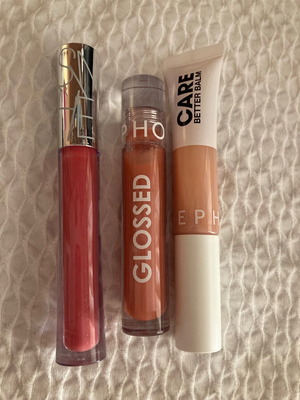 Sephora lip set in excellent condition with shades Cupid Love, Glossed 35 Confident, Care Better Balm