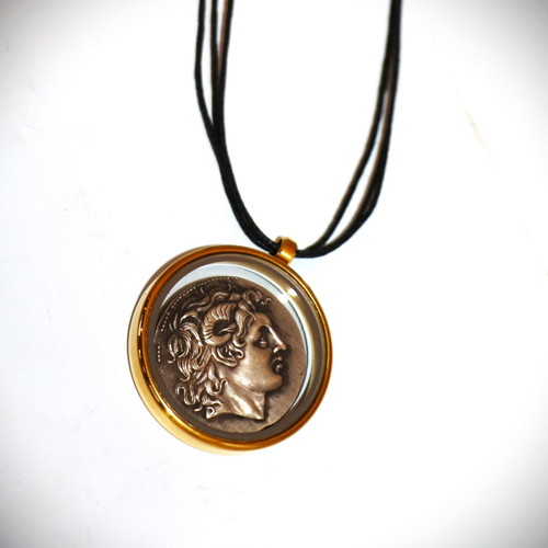 Pendant ancient coin Alexander the Great in glass case 22K gold plated