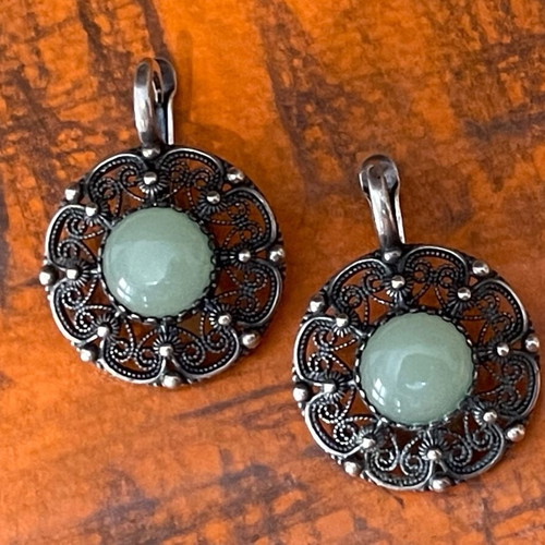Silver earrings handmade filigree 925 with nephrite stone