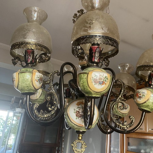 Vintage 6-Light Brass Chandelier with Handmade Porcelain, Like New