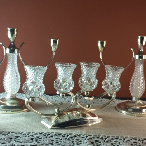 Vintage Silver Plate and Crystal Candle Holder Set of 5 NOS