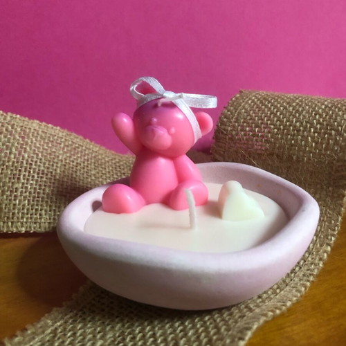 Handmade candle pink teddy bear on plate new