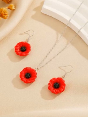 Jewelry set with stainless steel chain, handmade red polymer clay flower