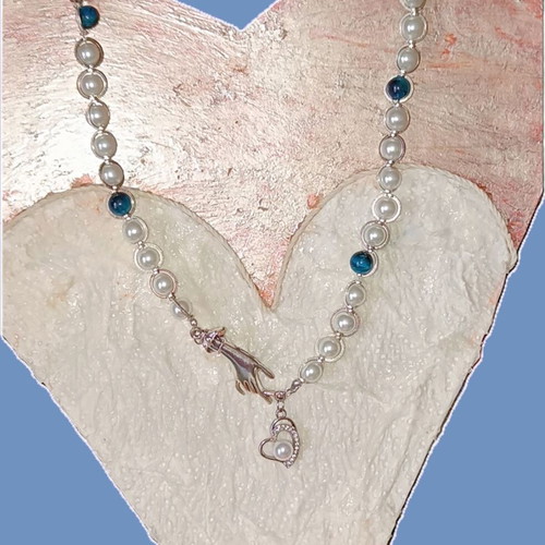 Handmade necklace with white pearls, blue tiger eye and metal elements new