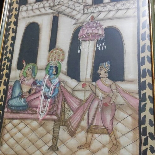 Handmade Hindu Painting on Fabric used, vintage ethnic art