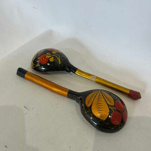 Set of 2 vintage traditional Russian Khokhloma wooden spoons 19cm