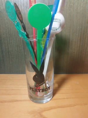 Playboy glass used with disco 80s stirrers