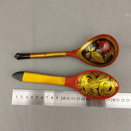 Old Hand-Painted Set of Two Russian Khokhloma Wooden Spoons Used