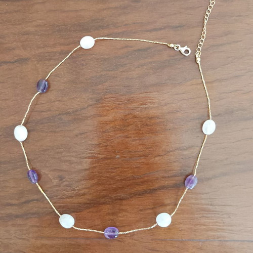 Handmade necklace with pink quartz and amethyst stones new