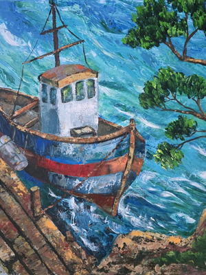 Πίνακας Harbor Pine με βάρκα ακρυλικό σε καμβά χωρίς κορνίζα