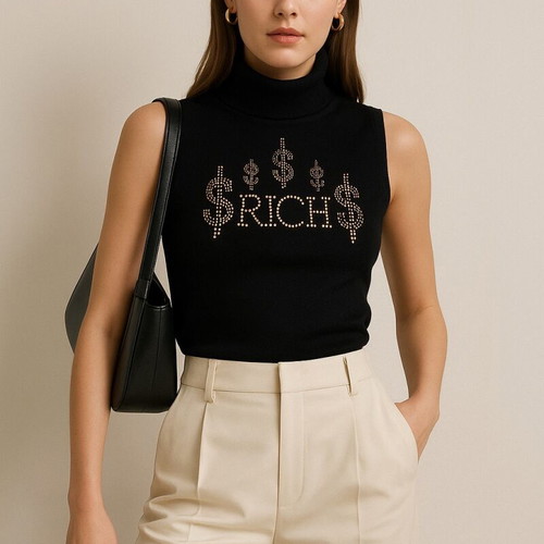 Black sleeveless turtleneck with RICH rhinestones Y2K, like new