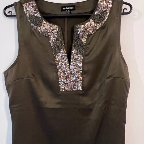 Le Chateau sleeveless satin top with sequins, olive