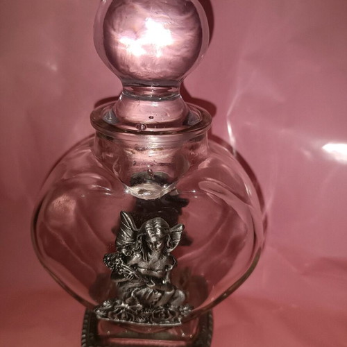 Vintage glass heart vase with metal fairy like new