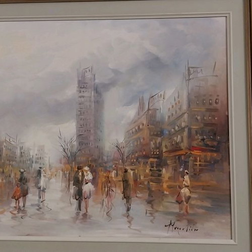 Painting by F. Mouratidou used, possibly "Paris", 70×100