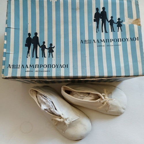 Vintage Afii Lampropouloi Shoe Box and Baby Shoes 1950s-60s, like new