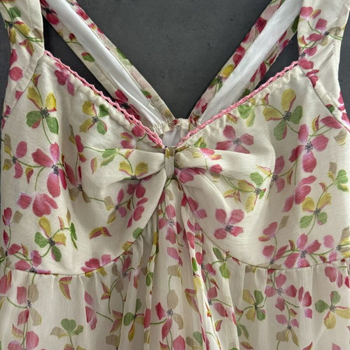 Romantic mini dress used, floral chiffon, pink green beige