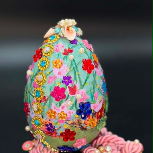 Handmade decorative plastic egg with floral design and beads, new