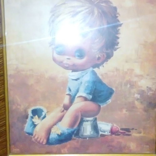 Big Eye Kids framed painting boy on potty used vintage